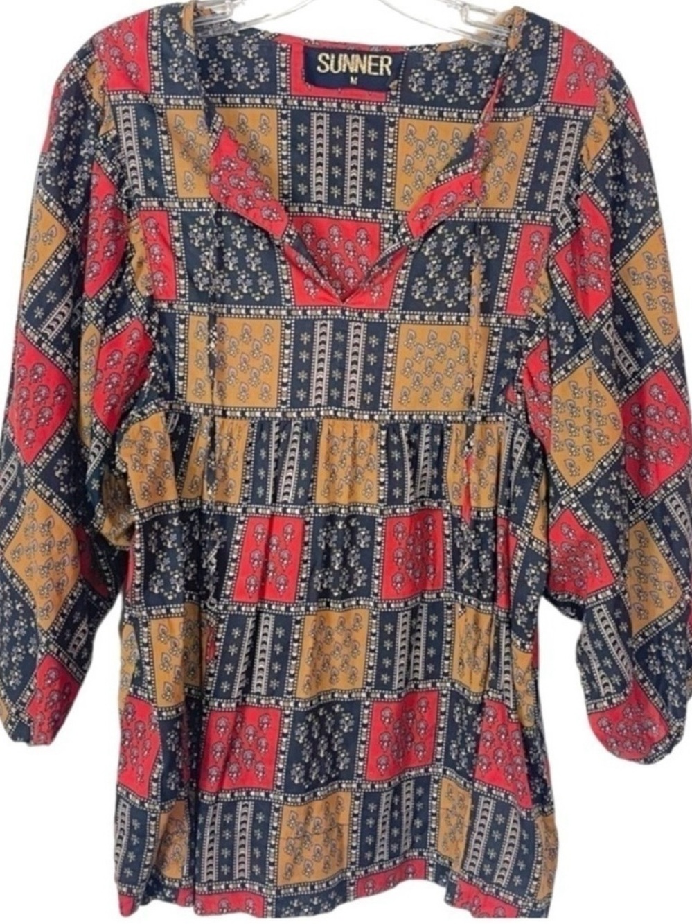 Anthropologie Sunner Patchwork 70s Hippie Peasant Blouse Balloon Sleeves Medium